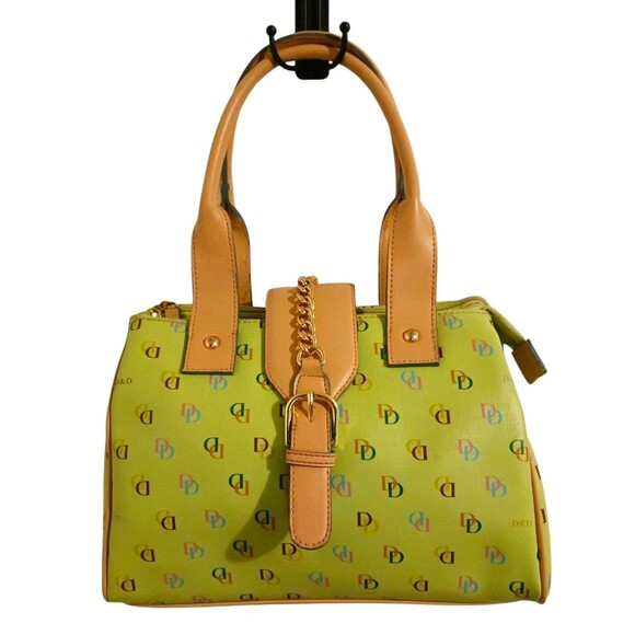 Dian & Dion Womens Green & Tan Multi Colored Signature Print Satchel Handbag Bag - Picture 1 of 7